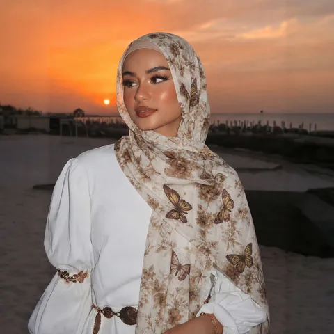 Women Fashion Printed Long Scarf Lightweight Voile Shawl Floral Butterfly Print Commuter Sun Protection Scarf