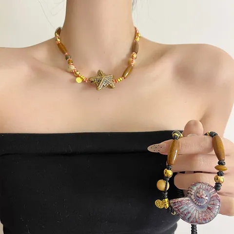 Designer Ceramic Starfish Conch Pendant Necklace Vintage Woven Rope Beaded Clavicle Chain Alloy Wood Jewelry For Women