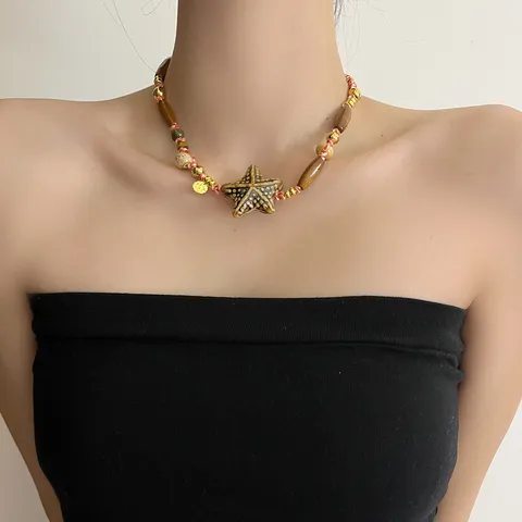 Designer Ceramic Starfish Conch Pendant Necklace Vintage Woven Rope Beaded Clavicle Chain Alloy Wood Jewelry For Women
