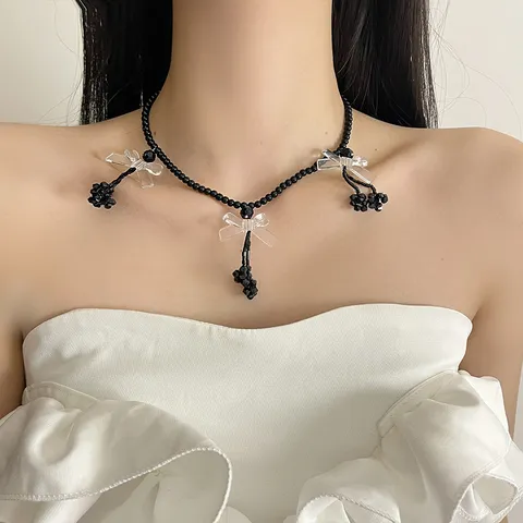 Y2K Collana Girocollo in Lega Con Ciondolo a Fiocco e Perle Artificiali Stile Punk Scuro Cool Con Perline e Nappine a Stella Gioielli da Donna