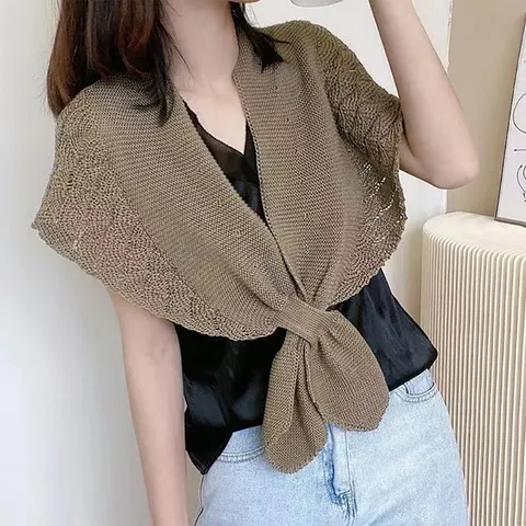 Women Solid Color Knitted Hollow Out Shawl Cape Elegant Open Front Tie Up Scarf Casual Warm Wrap Poncho Outerwear