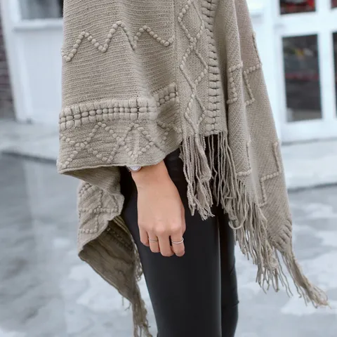 Women's Casual Loose Batwing Sleeve Poncho Cape Fringe Knit Shawl Pullover Sweater Winter Fall Warm Outerwear