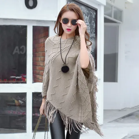 Women's Casual Loose Batwing Sleeve Poncho Cape Fringe Knit Shawl Pullover Sweater Winter Fall Warm Outerwear