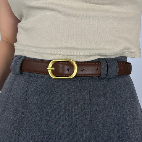 Women's Retro PU Leather Belt Fashion Casual Simple Dress Jeans Belt With Gold Oval Metal Buckle Daily Waistband