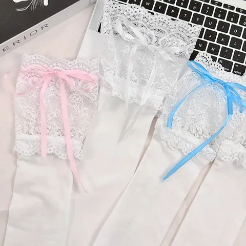 Femmes Lolita Blanc Garniture en Dentelle Bas Longs Doux Noeud Papillon Longs Bas Style Ballet JK Accessoires Quotidiens
