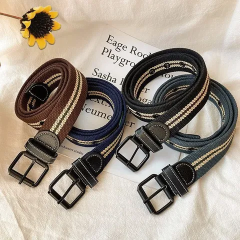 Ceinture en Toile Décontractée Unisexe Sangle Rayée Boucle Métallique Mode Ceinture de Taille Réglable pour Hommes et Femmes Tenue Quotidienne