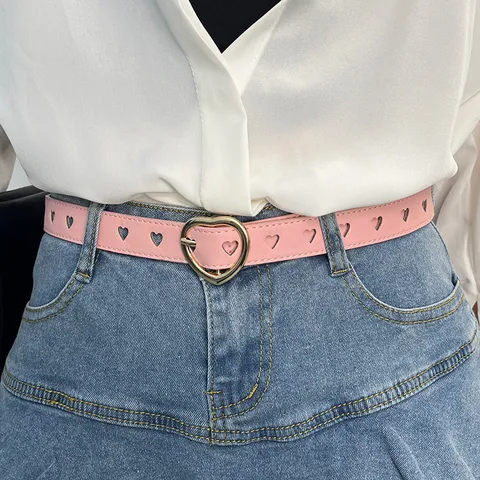Women Casual PU Leather Belt Heart Metal Buckle Hollow Out Heart Pattern Fashion Waist Belt For Jeans Women Accessories