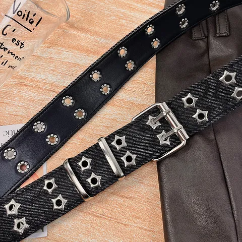 Y2K Vintage Denim Star Rivet Belt Women Retro Casual Distressed Hollow Out Double Prong Buckle Jeans Waist Belt