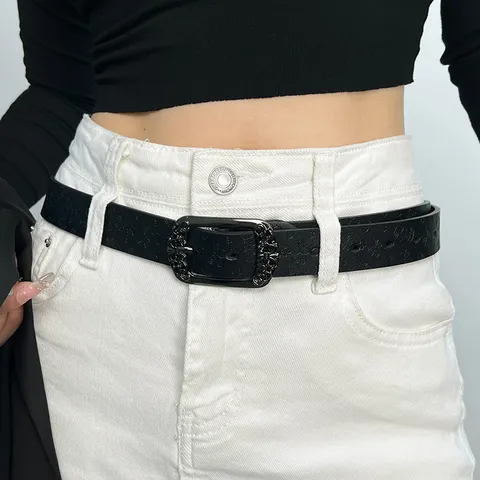 Ceinture Rétro en Cuir PU pour Femmes Boucle Ardillon en Métal Motif Floral Gaufré Ceinture de Taille Mode Décontractée pour Jeans