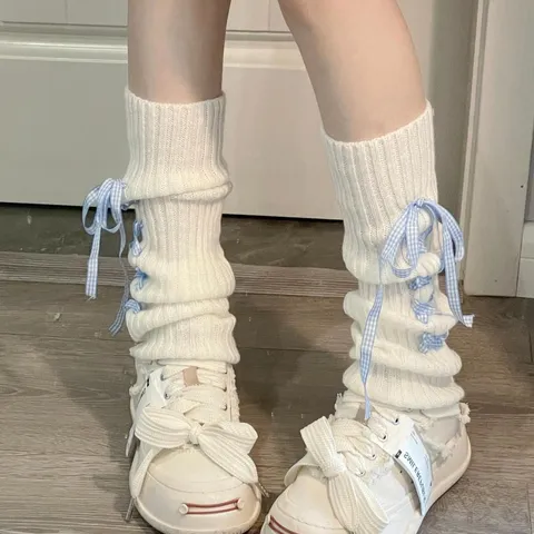 Jambières Tricotées Douces Style JK pour Femmes Chaussettes Empilées avec Nœud