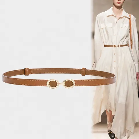 Ceinture Fine en Cuir Véritable pour Femme Mode Minimaliste Boucle Métallique Taille Robe Costume Accessoires