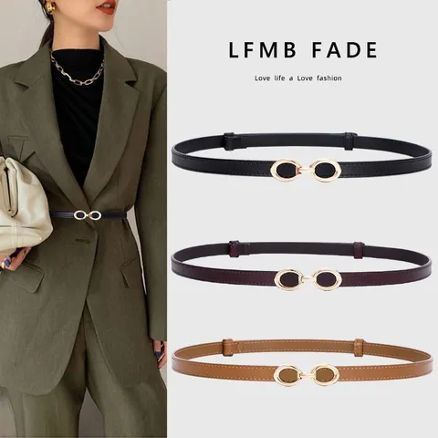 Ceinture Fine en Cuir Véritable pour Femme Mode Minimaliste Boucle Métallique Taille Robe Costume Accessoires