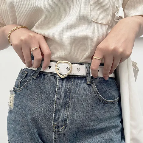 Women Fashion PU Leather Belt Heart Shaped Metal Pin Buckle Hollow Design Casual Jeans Pants Decorative Waistband