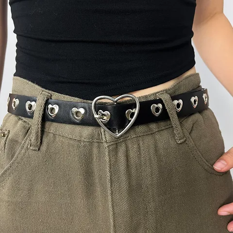Women's Fashion PU Leather Belt Sweet Cool Style Heart-Shaped Metal Buckle Punching Casual Waist Belt For Jeans Skirt