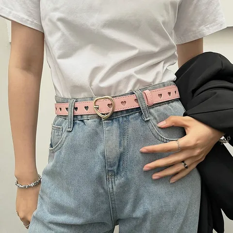 Women Fashion PU Leather Belt Heart Shaped Metal Pin Buckle Hollow Design Casual Jeans Pants Decorative Waistband