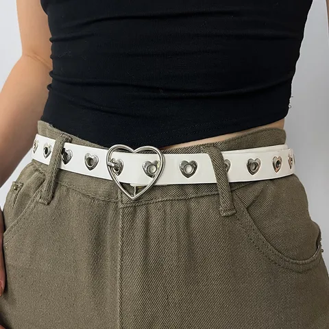 Women's Fashion PU Leather Belt Sweet Cool Style Heart-Shaped Metal Buckle Punching Casual Waist Belt For Jeans Skirt
