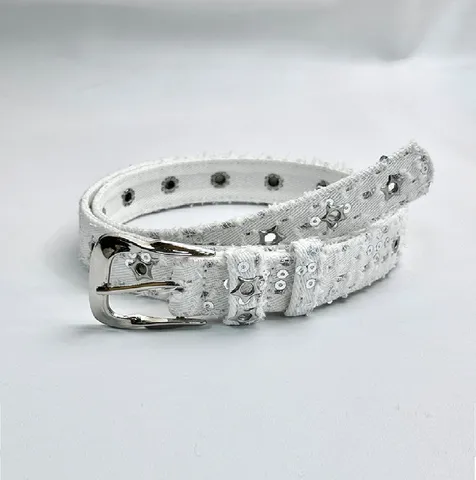 Women Fashion Canvas Belt Y2K Style Star Sequins Denim White Waist Belt Casual Daily Jeans Belt Clothing Accessories