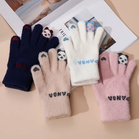 Gants Tactiles de Dessin Animé de Panda Mignon pour Femmes Hiver Chaud Tricot Mitaines Cyclisme en Plein Air Vêtements de Main