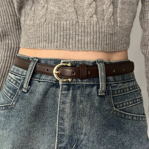 Ceinture en Cuir PU Mode Casual pour Femme Homme Avec Boucle Ardillon en Métal Doré Sangle Fine