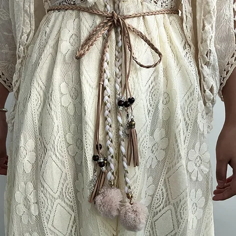 Ceinture Tressée Bohémienne pour Femmes Vintage Glands Perles en Bois Corde Tressée Robe Chaîne de Taille Décorative Accessoires de Mode