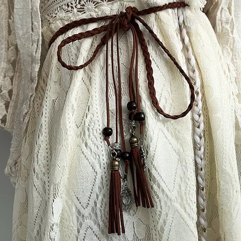 Ceinture Tressée Bohémienne pour Femmes Vintage Glands Perles en Bois Corde Tressée Robe Chaîne de Taille Décorative Accessoires de Mode