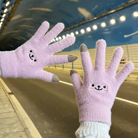 Gants d'Hiver Chauds Tactiles pour Femmes Mignon Cartoon Visage Souriant Broderie Épais Coupe-Vent Cyclisme Temps Froid Gants