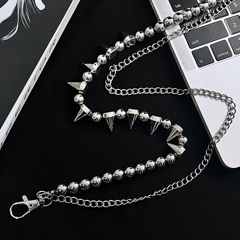 Punk Metal Pants Chain Double Layer Beaded Rivet Hip Hop Streetwear Waist Chain Trouser Chain Wallet Chain For Men Women