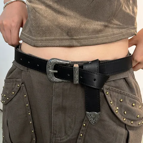 Ceinture en Cuir PU Rétro Vintage pour Femmes Boucle à Ardillon en Métal Ciselé Mode Ceinture Décontractée pour Robe Accessoires de Jeans