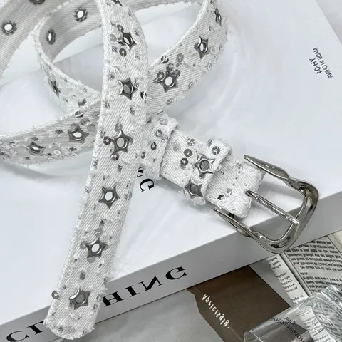 Women Fashion Canvas Belt Y2K Style Star Sequins Denim White Waist Belt Casual Daily Jeans Belt Clothing Accessories