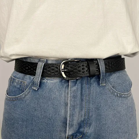 Ceinture en Cuir Minimaliste Décontractée pour Femmes Design Géométrique Ajouré Boucle Ardillon Ceinture de Taille