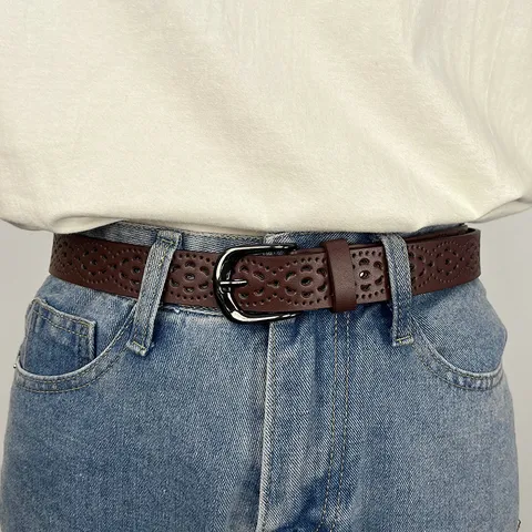 Ceinture en Cuir Minimaliste Décontractée pour Femmes Design Géométrique Ajouré Boucle Ardillon Ceinture de Taille
