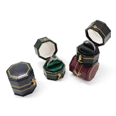 Boîte à Bagues en Cuir PU Vintage Octogone Carré Hexagone Boîte de Rangement de Bijoux Présentoir à Bagues Cadeau