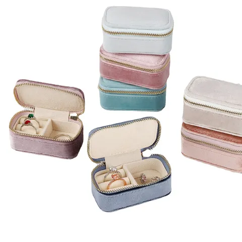 Boîte à Bijoux de Voyage en Velours Portable Mini Organisateur de Bague à Fermeture Éclair Petit Pochette de Rangement pour Femme