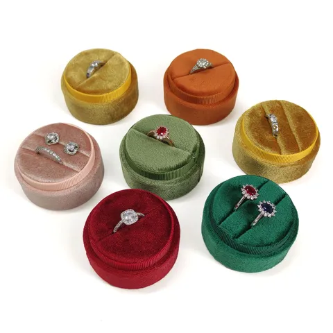 Scatola per Anelli in Velluto Rotonda Vintage Singola Doppia Fessura Custodia per Gioielli Per Matrimonio Proposta
