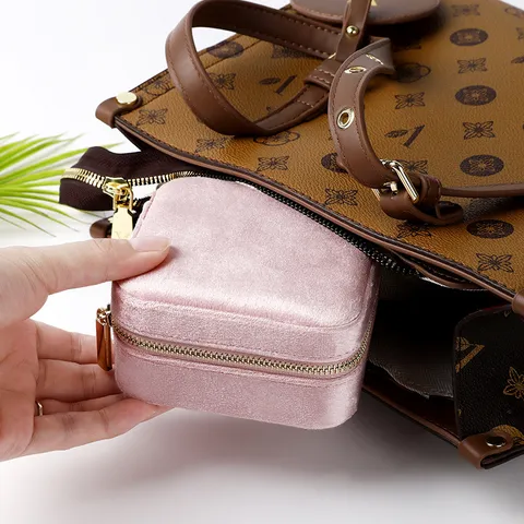 Boîte de Rangement de Bijoux Minimaliste en Velours Portable Zippée Petit Organisateur Carré de Voyage pour Bague Collier Avec Miroir