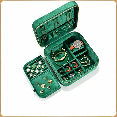 Doppelschichtige Samt Schmuckkästchen Große Kapazität Tragbare Reißverschluss Schmuck Aufbewahrungsbox Fall Für Ringe Ohrringe Halsketten