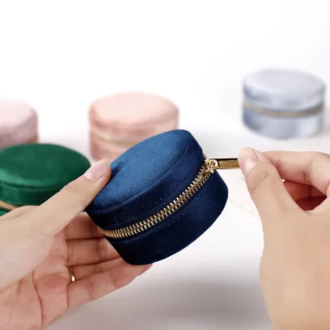 Tragbare Samt Runde Schmuckschatulle Reise Mini Ring Ohrring Aufbewahrungetui Reißverschluss Organizer Halter für Frauen Mädchen