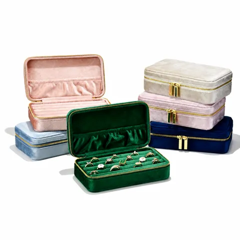 Boîte à Bijoux Portable en Velours Voyage Anneau Rangement Organisateur Fermeture Éclair Petite Vitrine Pour Boucles d'Oreilles Anneaux Collier Cadeaux