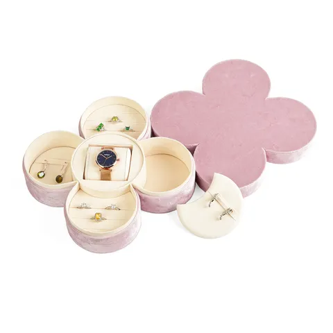 Boîte à Bijoux en Velours Rosa Trèfle à Quatre Feuilles Organisateur Rotatif Pour Femmes Bague Collier Boucle d'Oreille Montre