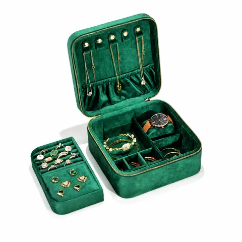 Doppelschichtige Samt Schmuckkästchen Große Kapazität Tragbare Reißverschluss Schmuck Aufbewahrungsbox Fall Für Ringe Ohrringe Halsketten