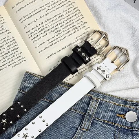 Y2K Punk Style Women PU Leather Belt Double Prong Buckle Star Metal Rivets Casual Waist Belt Fashion Jeans Accessory
