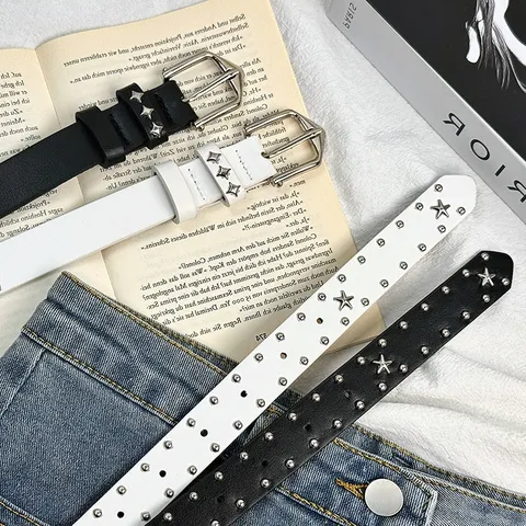 Y2K Punk Style Women PU Leather Belt Double Prong Buckle Star Metal Rivets Casual Waist Belt Fashion Jeans Accessory