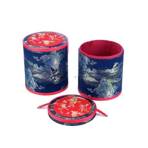 Chinese Style Vintage Round Jewelry Storage Box Brocade Fabric Gift Packaging Box Wedding Storage Container