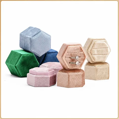 Boîte à Bagues en Velours Hexagonale Moyenne Haute Et Basse Boîte à Double Bague Boîte de Rangement de Bijoux en Velours Boîte Cadeau