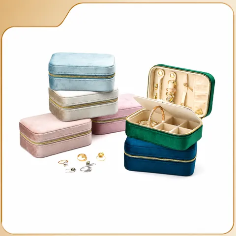 Boîte à Bijoux en Velours Portable Organisateur de Vitrine de Bague à Fermeture Éclair de Voyage Petite Boîte de Rangement pour Femmes Filles Boucles d'Oreilles Colliers