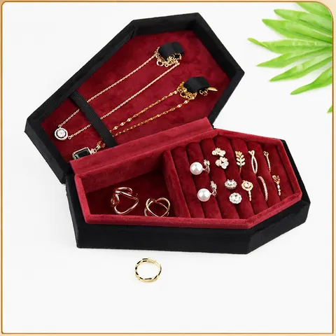Halloween Velvet Coffin Jewelry Box Gothic Ring Necklace Storage Organizer Holder Portable Velvet Jewelry Display Case