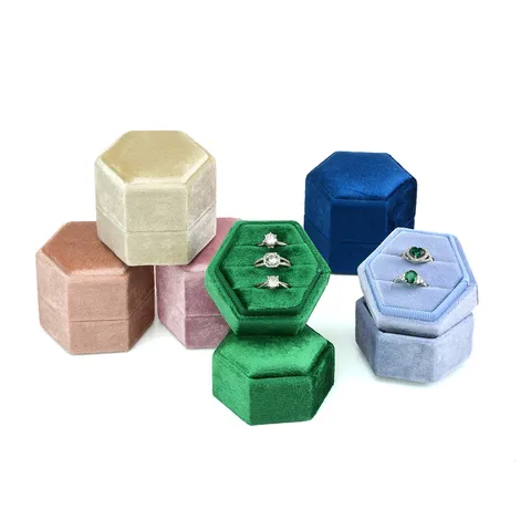 Boîte à Bagues en Velours Hexagonale Proposition Fiançailles Double Étui de Rangement pour Bagues Organisateur de Bijoux