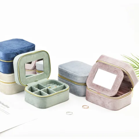 Boîte à Bijoux en Velours Portable Organisateur de Voyage Boîte de Rangement Avec Miroir Multi-Compartiments Petit Support pour Bague Boucle d'Oreille pour Femmes