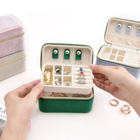 Boîte à Bijoux en Velours Double Couche Portable Organisateur de Voyage pour Bagues et Boucles d'Oreilles Petit Étui de Présentation de Bijoux pour Femmes