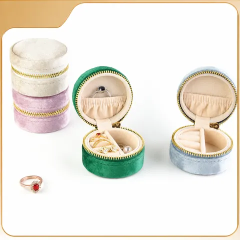Draagbare Mini Ronde Fluwelen Sieradendoos Rits Kleine Ring Opslag Organizer Reis Oor Huurder Houder